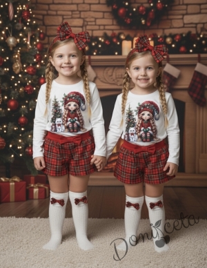 Детски комплект от къси панталони в червено каре и блуза в бяло с момиченце и елха