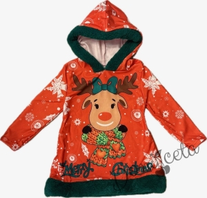 Детска весела коледна рокля в червено с еленче и качулка 