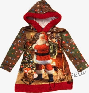 Коледна детска рокля в червено с дядо Коледа с качулка и червен пухкав завършек