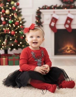 Официална детска/бебешка рокля в червено с черен тюл и еленче на квадратчета