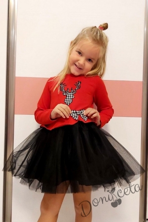 Официална детска/бебешка рокля в червено с черен тюл и еленче на квадратчета