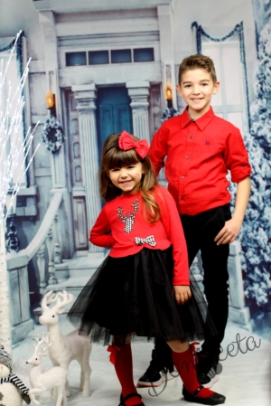 Официална детска/бебешка рокля в червено с черен тюл и еленче на квадратчета