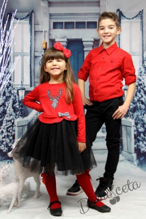 Официална детска/бебешка рокля в червено с черен тюл и еленче на квадратчета