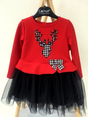 Официална детска/бебешка рокля в червено с черен тюл и еленче на квадратчета