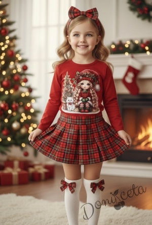 Детски комплект за момиче от пола каре и блуза в червено с коледна картинка на момиченце и елха
