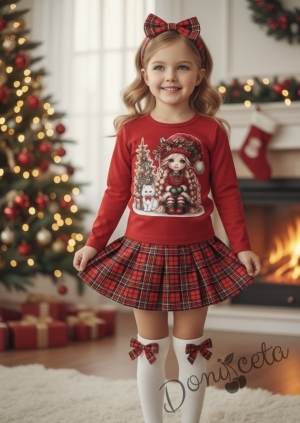 Детски комплект за момиче от пола каре и блуза в червено с коледна картинка на момиченце и елха