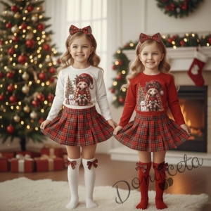 Детски комплект за момиче от пола каре и блуза в бяло с коледна картинка на момиченце и елха
