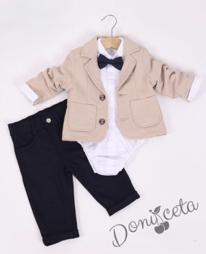 Бебешки комплект за момче от 4 части - боди-риза в бяло с панталон, сако и папийонка в бежово и тъмен панталон