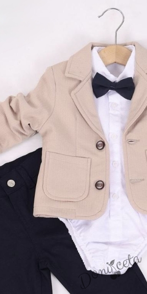 Бебешки комплект за момче от 4 части - боди-риза в бяло с панталон, сако и папийонка в бежово и тъмен панталон