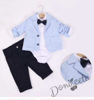 Официален бебешки костюм за момче от 4 части - сако в светлосиньо, риза в бяло, панталон и папийонка в тъмносиньо