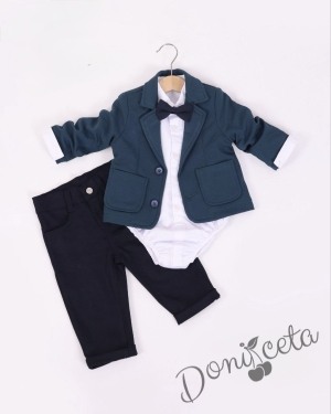 Бебешки комплект за момче от 4 части- боди-риза в бяло с панталон, сако и папийонка в тъмносиньо и тъмен панталон