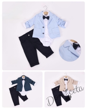 Бебешки комплект за момче от 4 части- боди-риза в бяло с панталон, сако и папийонка в тъмносиньо и тъмен панталон