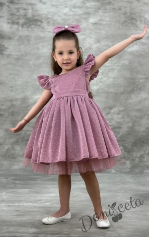 Официална детска рокля с къс ръкав с брокат в пепел от рози с тюл с панделка и фиба с панделка Алина