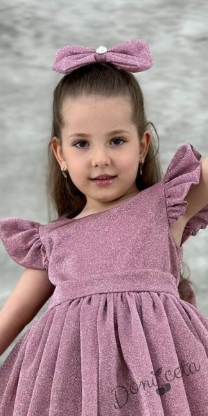 Официална детска рокля с къс ръкав с брокат в пепел от рози с тюл с панделка и фиба с панделка Алина