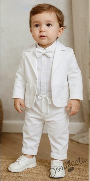 Официален бебешки костюм за момче от 4 части - сако в бяло, риза в бяло, панталон и папийонка в бяло