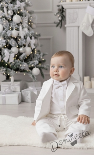 Официален бебешки костюм за момче от 4 части - сако в бяло, риза в бяло, панталон и папийонка в бяло