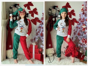 Коледен комплект за момиче от блуза в бяло с елен, панталонки в червено и зелено и коледна шапка в зелено