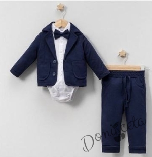 Бебешки комплект за момче от 4 части- боди-риза в бяло с панталон, сако и папийонка в тъмносиньо 