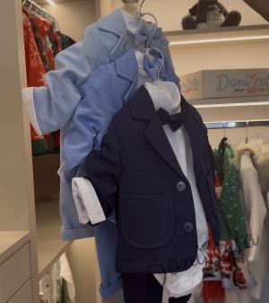 Бебешки комплект за момче от 4 части- боди-риза в бяло с панталон, сако и папийонка в тъмносиньо 