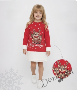 Коледна детска рокля в червено със сладка коледна картинка и надпис 