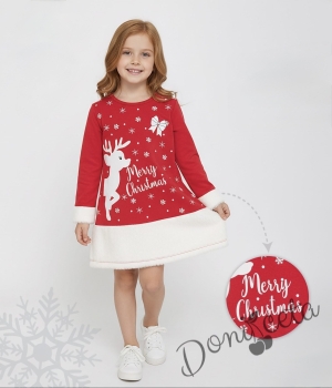 Коледна детска рокля в червено с надпис и коледни мотиви 