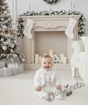 Официален бебешки костюм за момче от 4 части - сако в бяло, риза в бяло, панталон и папийонка в бяло