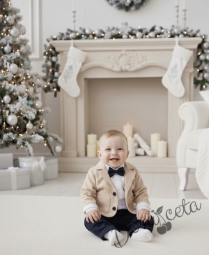 Бебешки комплект за момче от 4 части - боди-риза в бяло с панталон, сако и папийонка в бежово и тъмен панталон