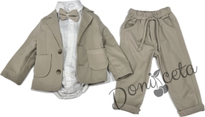 Официален бебешки костюк за момче от 4 части- боди-риза в бяло, панталон, сако и папийонка в бежово  от колекция Бежина