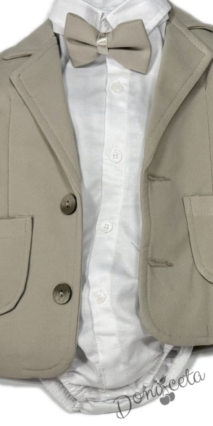 Официален бебешки костюк за момче от 4 части- боди-риза в бяло, панталон, сако и папийонка в бежово  от колекция Бежина