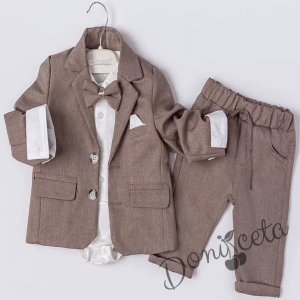 Бебешки костюм от 4 части за момче-сако в кафяво, боди-риза в бяло и панталон в кафяво и папийонка