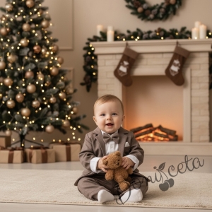 Бебешки костюм от 4 части за момче-сако в кафяво, боди-риза в бяло и панталон в кафяво и папийонка