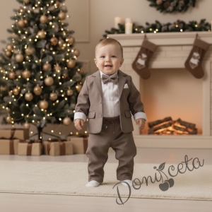 Бебешки костюм от 4 части за момче-сако в кафяво, боди-риза в бяло и панталон в кафяво и папийонка