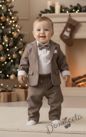 Елегантен официален косюм за момче в кафяво от 4 части - сако, панталон, риза в бяло и папийонка
