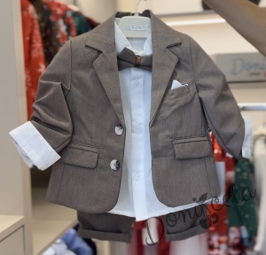 Елегантен официален косюм за момче в кафяво от 4 части - сако, панталон, риза в бяло и папийонка