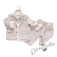 Бебешки комплект за момче от 4 части в бежово - сако, панталон, риза в бяло и папийонка 1
