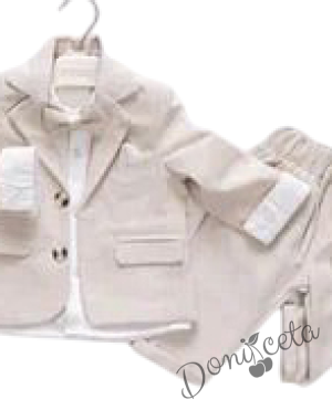 Бебешки комплект за момче от 4 части в бежово - сако, панталон, риза в бяло и папийонка 2