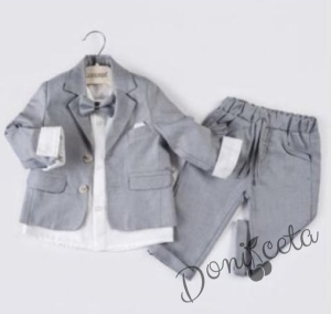 Бебешки елегантен костюм за момче от 4 части в сиво - сако, панталон, риза в бяло и папийонка