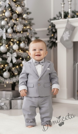 Бебешки елегантен костюм за момче от 4 части в сиво - сако, панталон, риза в бяло и папийонка