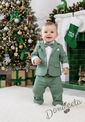 Бебешки елегантен костюм за момче от 4 части в зелено - сако, панталон, риза в бяло и папийонка