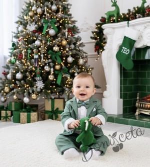 Бебешки елегантен костюм за момче от 4 части в зелено - сако, панталон, риза в бяло и папийонка