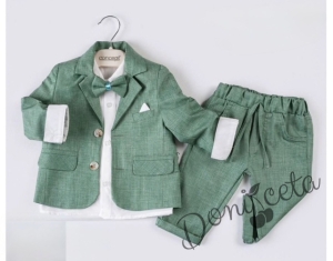 Бебешки елегантен костюм за момче от 4 части в зелено - сако, панталон, риза в бяло и папийонка
