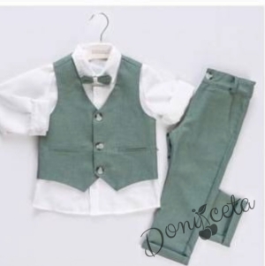 Бебешки елегантен комплект за момче от 4 части-риза в бяло, панталон, елек и папийонка в зелено от колекция Зелениада