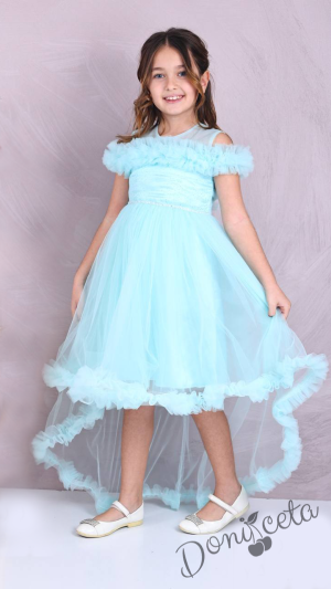 Официална детска рокля с шлейф с тюл в тюркоаз Ария
