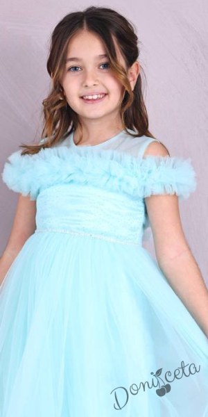 Официална детска рокля с шлейф с тюл в тюркоаз Ария