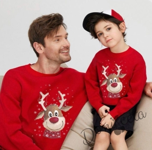 Детска, дамска или мъжка коледна тройно ватирана блуза Звън с еленче с шалче в червено 