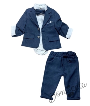 Бебешки комплект за момче от 4 части- боди-риза в бяло с панталон, сако и папийонка в синьо 