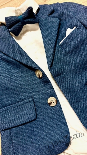 Бебешки комплект за момче от 4 части- боди-риза в бяло с панталон, сако и папийонка в синьо 