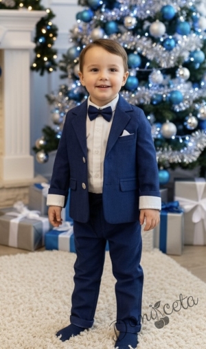 Комплект за момче 4 части в синьо- сако, панталон, риза в бяло и папийонка