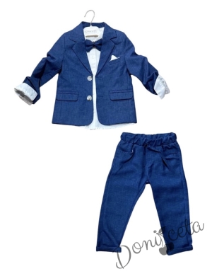Комплект за момче 4 части в синьо- сако, панталон, риза в бяло и папийонка