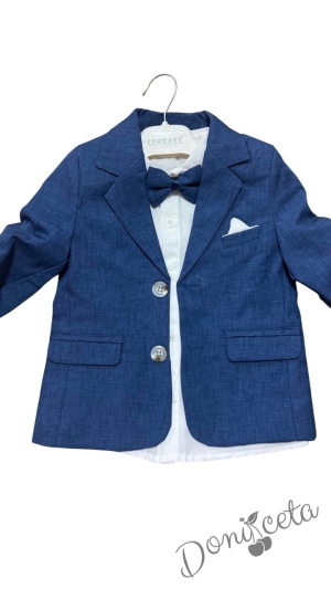 Комплект за момче 4 части в синьо- сако, панталон, риза в бяло и папийонка